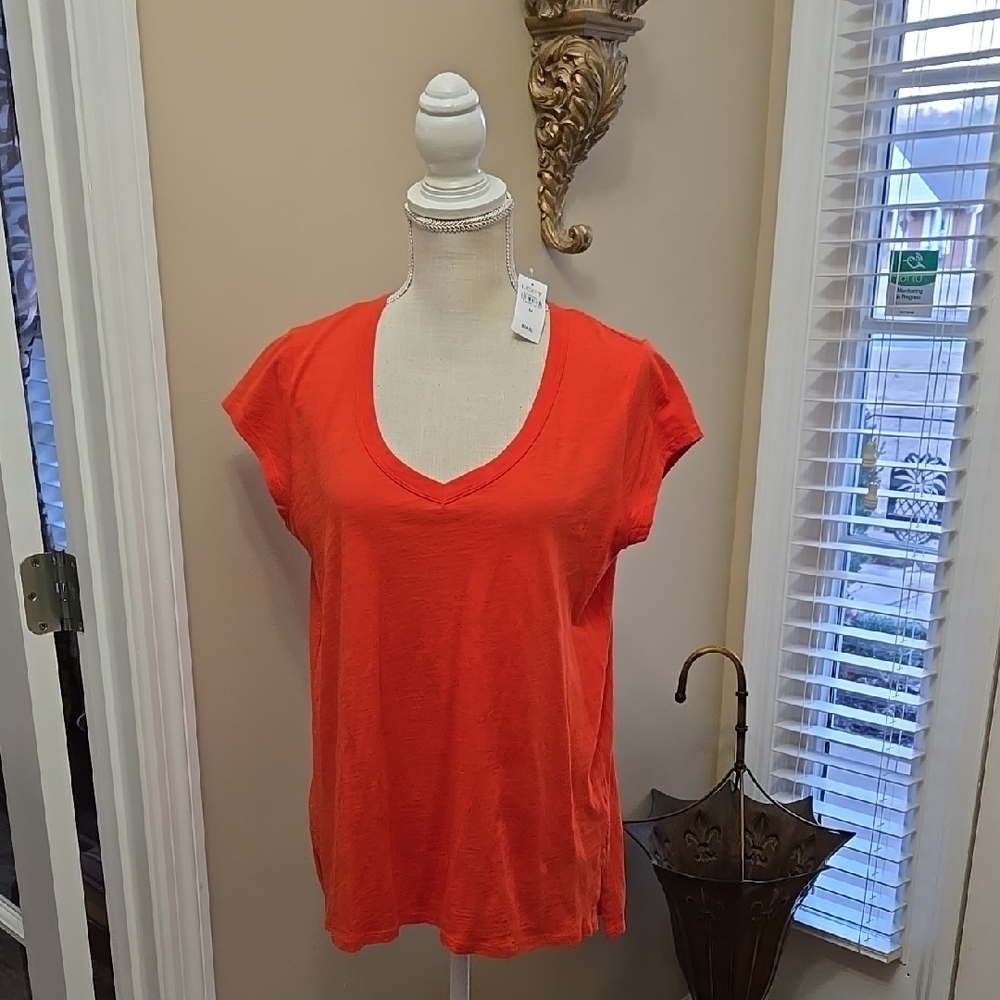 Loft Vintage Soft Vibrant Dark Coral V-Neck cap sleeve top 100% cotton Med NEW…